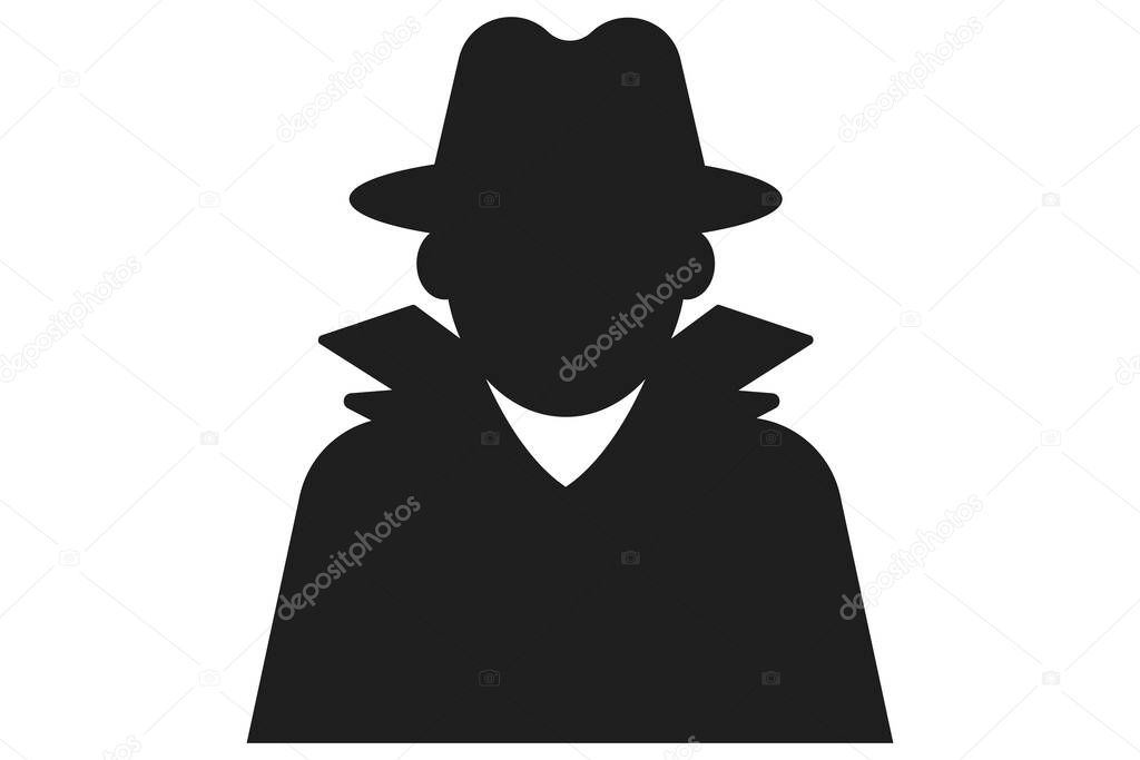 Incognito icon, mystery secret spy or detective silhouette, figure with hat glass or mask. Anonymous invisible character figure. . Vector illustration