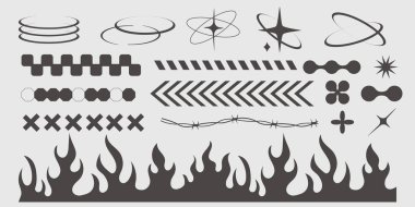 Y2k geometric elements border set, heart with flame, barbed wire, grid pattern. Groovy cyber retro design elements. . Vector illustration clipart