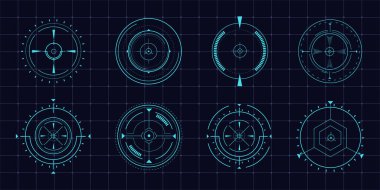 Hud hedefli optik hedef, gelecekteki odaklanma menzili göstergeleri, lazer ışın çarpıştırıcı görüşü. Keskin nişancı için keskin nişancı. Oyun arayüzü tasarımı ui ögesi. Vektör illüstrasyonu