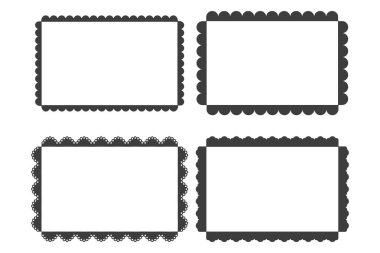 Kabartılmış sınır eğrisi dantel çerçeve seti. Silüet fırfırlı figür, kavisli kenarlı damga. Kıvırma dekorasyonu, etiket, klasik çıkartma. Vektör illüstrasyonu