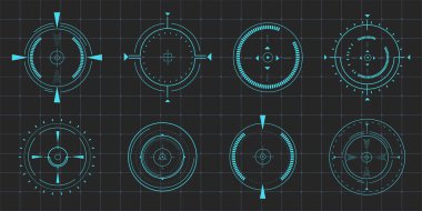 Hud hedefli optik hedef, gelecekteki odaklanma menzili göstergeleri, lazer ışın çarpıştırıcı görüşü. Keskin nişancı için keskin nişancı. Oyun arayüzü tasarımı ui ögesi. Vektör illüstrasyonu