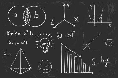 Tahta zemin üzerinde matematik geometrisi grafiği ve şekilleri. Fen karalama el çizimi elementlerini ayarla. Teorik çalışma formülü, hesaplamalar. Vektör illüstrasyonu