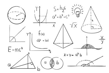 Tahta zemin üzerinde matematik geometrisi grafiği ve şekilleri. Fen karalama el çizimi elementlerini ayarla. Teorik çalışma formülü, hesaplamalar. Vektör illüstrasyonu