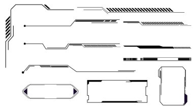 Gelecekçi HUD çerçeveler, metin kutusu oyun menüsü ui paneli. Hat teknisyeni barı. Oyun UX UI 'si için Sci Fi ekran elemanları. Vektör illüstrasyonu