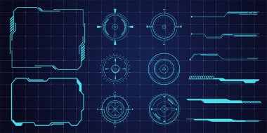 Gelecekçi HUD çerçeveler, sınırdaki metin kutusu hedef oyun ui paneli. Hat teknisyeni barı. Oyun UX UI 'si için Sci Fi ekran elemanları. Vektör illüstrasyonu
