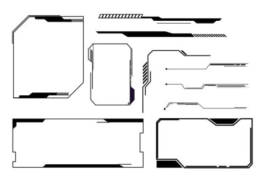 Gelecekçi HUD çerçeveler, metin kutusu oyun menüsü ui paneli. Hat teknisyeni barı. Oyun UX UI 'si için Sci Fi ekran elemanları. Vektör illüstrasyonu
