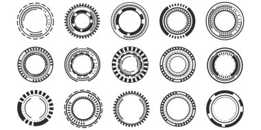 Hud hedefli optik hedef, gelecekteki odaklanma menzili göstergeleri, lazer ışın çarpıştırıcı görüşü. Keskin nişancı için keskin nişancı. Oyun arayüzü tasarımı ui ögesi. Vektör illüstrasyonu