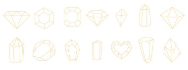 Kristal altın sarısı ince çizgili çokgen taşı, sınır taşı, çokyüzlü. Zarif taslak geometrik kuvars, mücevher. Mineral doğrusal simge. Vektör illüstrasyonu