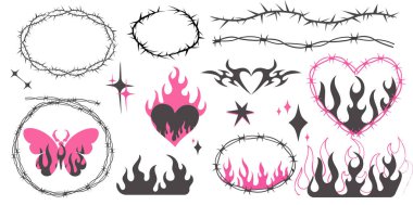 Neo kabilesinin pembe emo kalbi, kanatları ve alevi y2k estetik dövme gotik, ateş veya arka planda izole edilmiş soyut siluet. Bölme, sınır, siber vücut süsü, neotribal ağ süslemesi