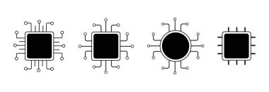 İşlemci çizgisi simgesi, mikroçip işlemci teknolojisi, merkezi işlem birimi. Tasarım elementi düz, basit siluet. Vektör illüstrasyonu