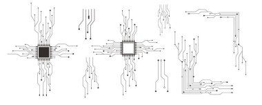 Devre çizgisi mikroçip, yazılım. Entegre ana kart, bağlantılar. Yenilikçi Elektronik Ağ. Teknoloji arka planı, tasarım elemanları geometrik ve bağlantı sistemi. Vektör illüstrasyonu