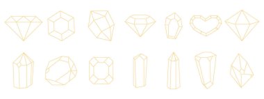 Kristal altın sarısı ince çizgili çokgen taşı, sınır taşı, çokyüzlü. Zarif taslak geometrik kuvars, mücevher. Mineral doğrusal simge. Vektör illüstrasyonu