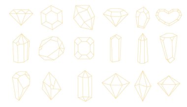 Kristal altın sarısı ince çizgili çokgen taşı, sınır taşı, çokyüzlü. Zarif taslak geometrik kuvars, mücevher. Mineral doğrusal simge. Vektör illüstrasyonu
