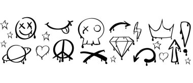 Graffiti y2k 'lık harika bir dövmeli el sıçrama caddesinin kenarsız çizimiyle boyanmış. Kalp, gülümseme oku unsurları, mürekkep izi. Moda sıçrama fırçası çizimleri. Vektör illüstrasyonu