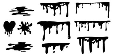 Boya serpintisi, sıvı lekeli sıvı mürekkep damlası. Graffiti siyah erime sıçratıyor. Boya akıyor, eritme spreyi sınırı. - Evet. Vektör illüstrasyonu