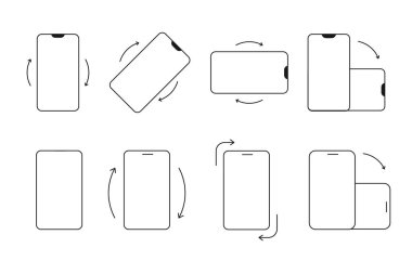 Cep telefonu simgesini döndürün, ok ayarlı dönüş sembolü. Cihazı çevir, ekran. Ui düğmesi, ağ ya da uygulama. Dikey ya da atlık, telefon ekranı. Vektör illüstrasyonu