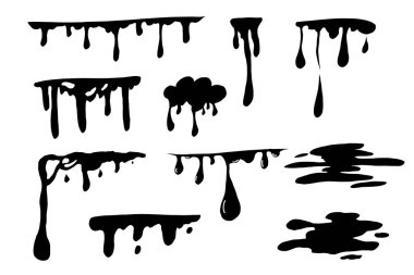 Boya serpintisi, sıvı lekeli sıvı mürekkep damlası. Graffiti siyah erime sıçratıyor. Boya akıyor, eritme spreyi sınırı. - Evet. Vektör illüstrasyonu