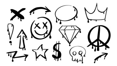 Graffiti y2k 'lik harika bir dövmeli el, sokak çizimiyle boyanmış. Kalp, gülümseme oku unsurları, mürekkep izi. Moda sıçrama fırçası çizimleri. Vektör illüstrasyonu