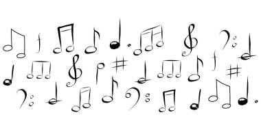 Elle çizilmiş müzik notası silueti, tatlı karalama melodisi. Hat müziği kusursuz sınır unsurları. Basit izler, ses. Vektör illüstrasyonu