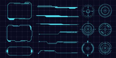 Gelecekçi HUD çerçeveler, metin kutusu oyun menüsü ui paneli. Hat teknisyeni barı. Oyun UX UI 'si için Sci Fi ekran elemanları. Vektör illüstrasyonu