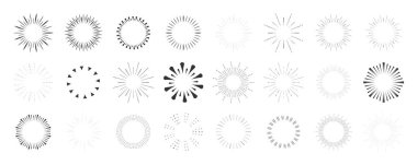 Havai fişekler, ışınlar, güneş patlaması çerçeveleri sınır dekorasyonu, karalama tarzında ışıltı, beyaz arka planda izole çizim patlaması. Vektör illüstrasyonu