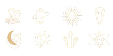 Kristal altın sarısı ince çizgili çokgen taşı, sınır taşı, çokyüzlü. Zarif taslak geometrik kuvars, mücevher. Mineral doğrusal simge. Vektör illüstrasyonu