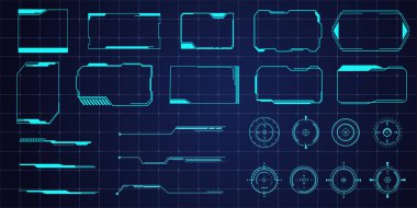 Gelecekçi HUD çerçeveler, metin kutusu oyun menüsü ui paneli. Hat teknisyeni barı. Oyun UX UI 'si için Sci Fi ekran elemanları. Vektör illüstrasyonu