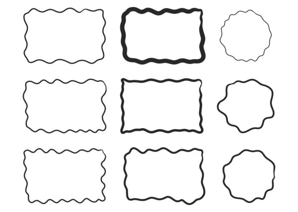 Зиг-заг рамка опоясывает восковой набор, подчеркивая мазком кисти изогнутые края вручную нарисованной пустой коробки. Значок речевого пузыря зазубренной абстрактной формы. Векторная иллюстрация