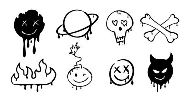 Gangster dövmesi elementleri, boya sıçraması, sprey. Kalp yüz, kafatası seti. Doodle gunge moda baskı tacı, kiraz rengi, korkunç alet çantası. Vektör illüstrasyonu