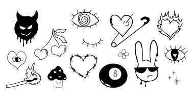 Psikedelik karalama kalp dikenli tel, ateş ve göz, graffiti harika seti. Retro dövme grunge şanslı top, disko topu. Sokak eskizi kafatası ve yangın tipi estetik. Vektör illüstrasyonu