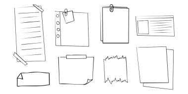 Hatırlatma kâğıdı. Kağıt çerçeve, iğne, bant, ataç elementleriyle kontrol listesi. Şirin notlar, ofis ya da okul mesajları yaz. Vektör illüstrasyonu