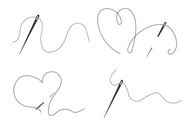 İğneyi iplik karalama simgesiyle, basit nakış işleme simgesiyle ayarlayın. Kavisli dikiş ipliği, terzi aleti silueti. - Evet. Vektör illüstrasyonu