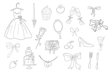 Romantik coquette set düğün kadınsı koleksiyonu. Güzel fiyonk, kurdele. Kalp, çiçekler ve hediyeler, aşk mektubu. Vektör illüstrasyonu