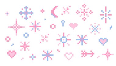 Pikselin yıldızı hoş, eski, ışıl ışıl parlıyor. Parlak pembe oyun pikseli sanat efekti seti. Havai fişek patlaması, ok, uzay dekorasyonu. 90 'ların estetiği, evet. Vektör illüstrasyonu