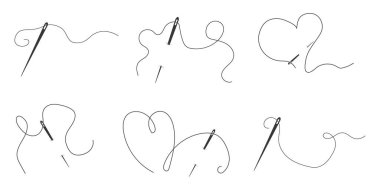 İğneyi iplik karalama simgesiyle, basit nakış işleme simgesiyle ayarlayın. Kavisli dikiş ipliği, terzi aleti silueti. - Evet. Vektör illüstrasyonu