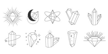 Kristal altın sarısı ince çizgili çokgen taşı, sınır taşı, çokyüzlü. Zarif taslak geometrik kuvars, mücevher. Mineral doğrusal simge. Vektör illüstrasyonu