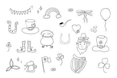 Aziz Patrick Günü dekorasyon karalaması geleneksel dekorasyonlar. Gökkuşağı, arp, bozuk para ve şanslı yonca ikonu. Vektör illüstrasyonu