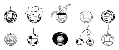 Disko topu karalama çizgisi dövmesi y2k coquette moda moda moda dekorasyon. Retro dans partisi çizimi el tasarımı elementleri. Yıldızlı disko topu, skeç. Vektör illüstrasyonu