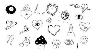 Psikedelik karalama kalp dikenli tel, ateş ve göz, graffiti harika seti. Retro dövme grunge kiti. İğneli disko topu kalbi, sihirli sekiz top. - Evet. Vektör illüstrasyonu