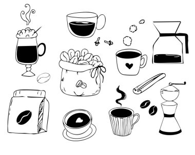 Kahve karalama seti kahve çekirdekleri, öğütücü ve baharatlarla dolu kabataslak bir el çizimi. Sabah içeceği ve kupa siparişi. Çizgi şirin çizim. Vektör illüstrasyonu