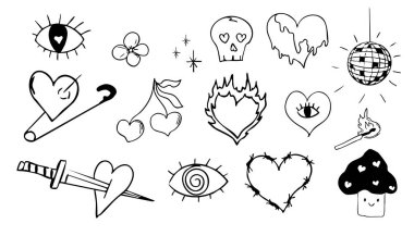Psikedelik karalama kalp dikenli tel, ateş ve göz, graffiti harika seti. Retro dövme grunge kiti. İğneli disko topu kalbi, sihirli sekiz top. - Evet. Vektör illüstrasyonu