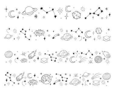 Göksel karalama sınırı, düşen yıldız kırpma bölmesi. Yıldızlar, gezegenler, göktaşı ve ay ile el yapımı süsler. Uzay büyüsü basit bir dekor. Vektör illüstrasyonu