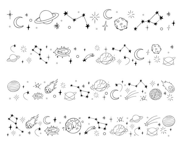 Celestial doodle border, falling star blink divider. Hand drawn ornament with stars, planets, meteorite and moon. Space magic simple decor. Vector illustration