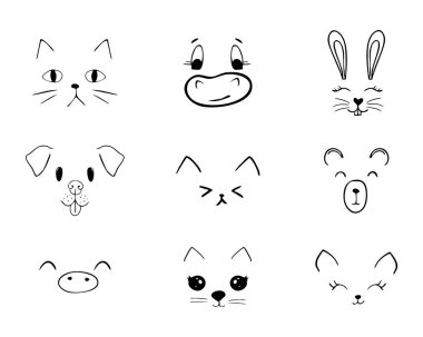 Evcil hayvan ağızlı komik çizgi karalama çizimi. Dudakları, burunları ve bıyıkları koyun. Hayvan karakterleri. Komik kalp burnu, el çizilmiş yüzler. Vektör illüstrasyonu