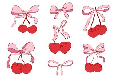 Kirazlı, papyonlu kız meyveli, kurdeleli, karalama karalamalı, y2k retro estetik. Tuhaf, şirin bir kiraz. - Evet. Vektör illüstrasyonu