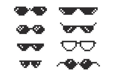 Piksel gözlükleri 8 bit y2k, güneş gözlükleri. Meme simgesi, googgles. Mafya mim gangster için komik siyah hippi gözlüğü şakası yapıyor. Vektör illüstrasyonu