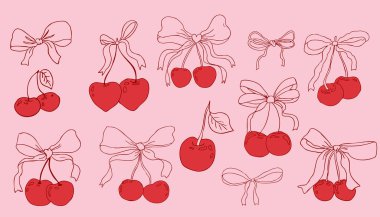 Kirazlı, papyonlu kız meyveli, kurdeleli, karalama karalamalı, y2k retro estetik. Tuhaf, şirin bir kiraz. - Evet. Vektör illüstrasyonu