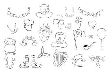 Aziz Patrick Günü dekorasyon karalaması geleneksel dekorasyonlar. Gökkuşağı, arp, bozuk para ve şanslı yonca ikonu. Vektör illüstrasyonu