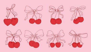 Kirazlı, papyonlu kız meyveli, kurdeleli, karalama karalamalı, y2k retro estetik. Tuhaf, şirin bir kiraz. - Evet. Vektör illüstrasyonu