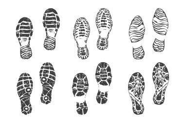 Ayakkabı izi çizmesi, ayak izi silueti. Çizme izi desenli, grunge. Dağ botu, yürüyüş izi. Vektör illüstrasyonu